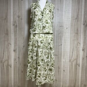Y2K Rachel Zoe Linen 2 Piece Set Green Toile Safari Resort Wear‎ Top M Skirt S